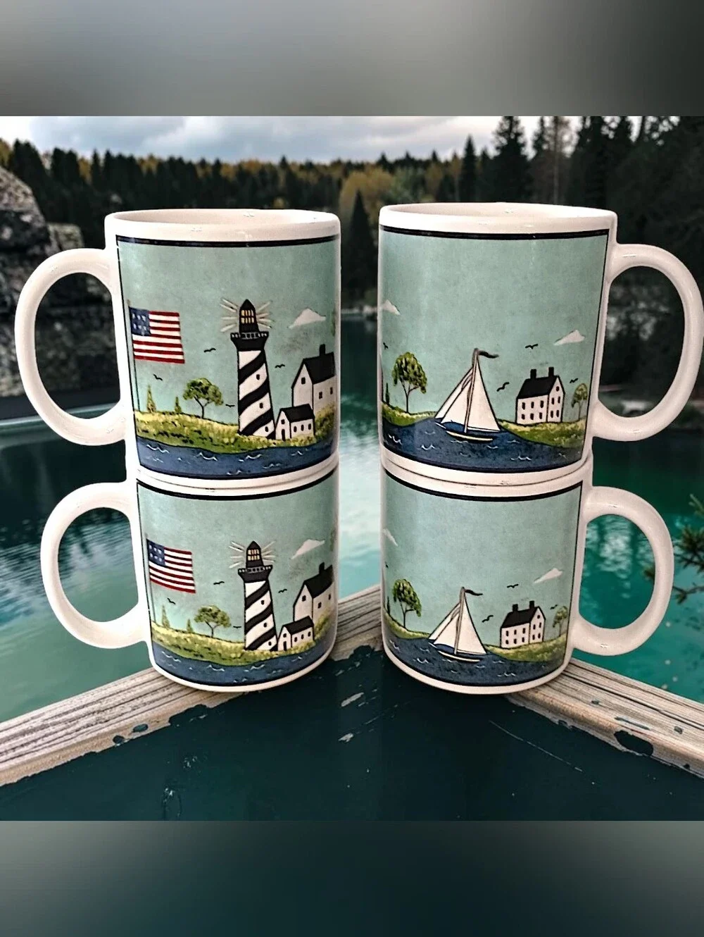 4 Vtg Sakura Coastal Breeze Coffee Mugs Warren Kimble Nautical 10oz Beach House
